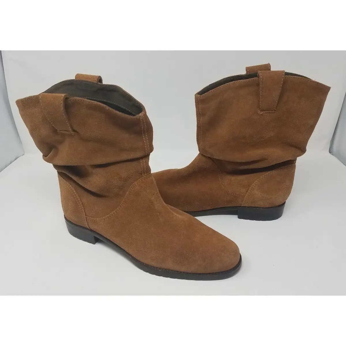 Ll Bean Women's 9.5 M Slouch Ankle Boots Nubuck Cognac Suede Brushed Leather Tan 1