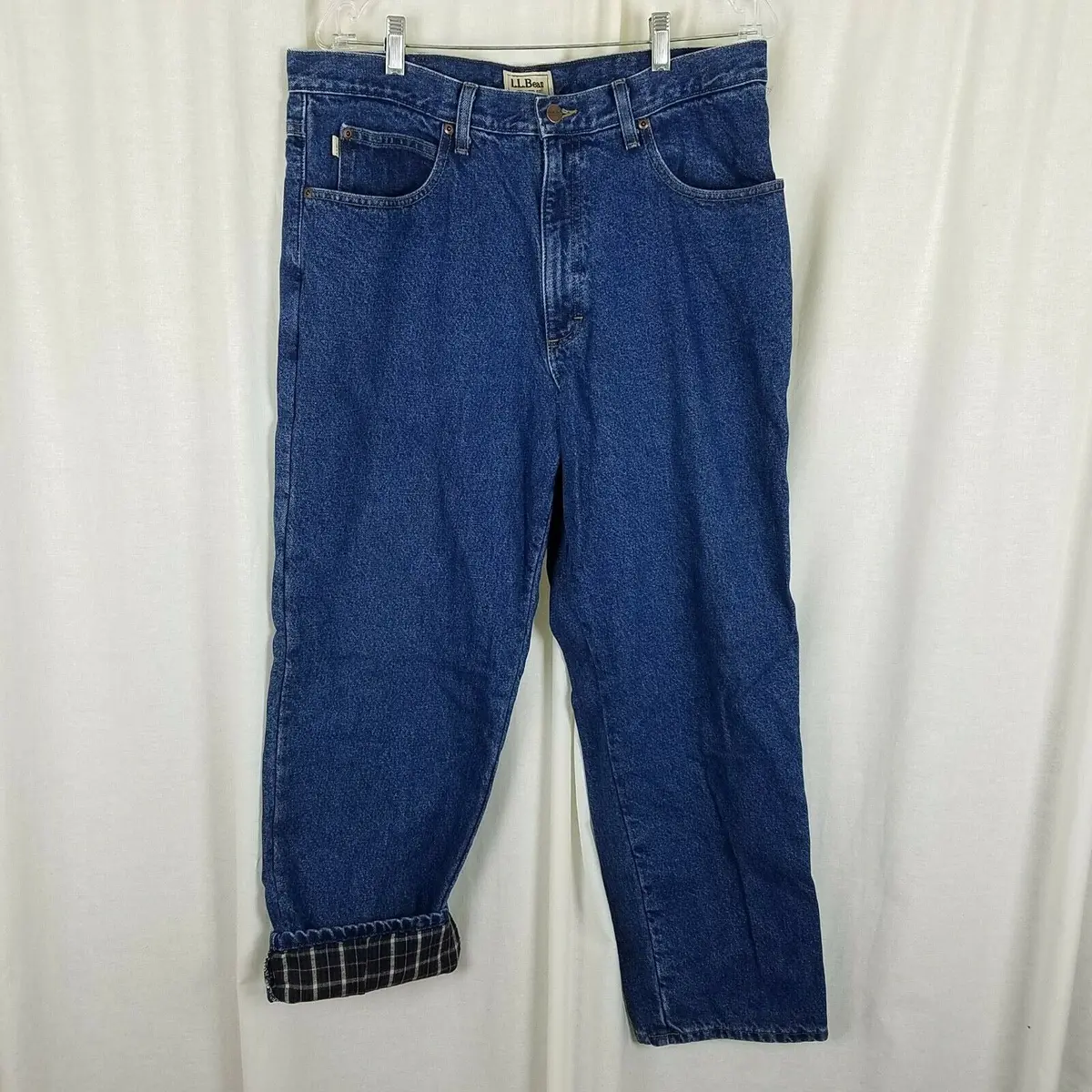 Ll Bean Relaxed Fit Plaid Flannel Lined Insulated Denim Blue Jeans Mens 36 36X29 1