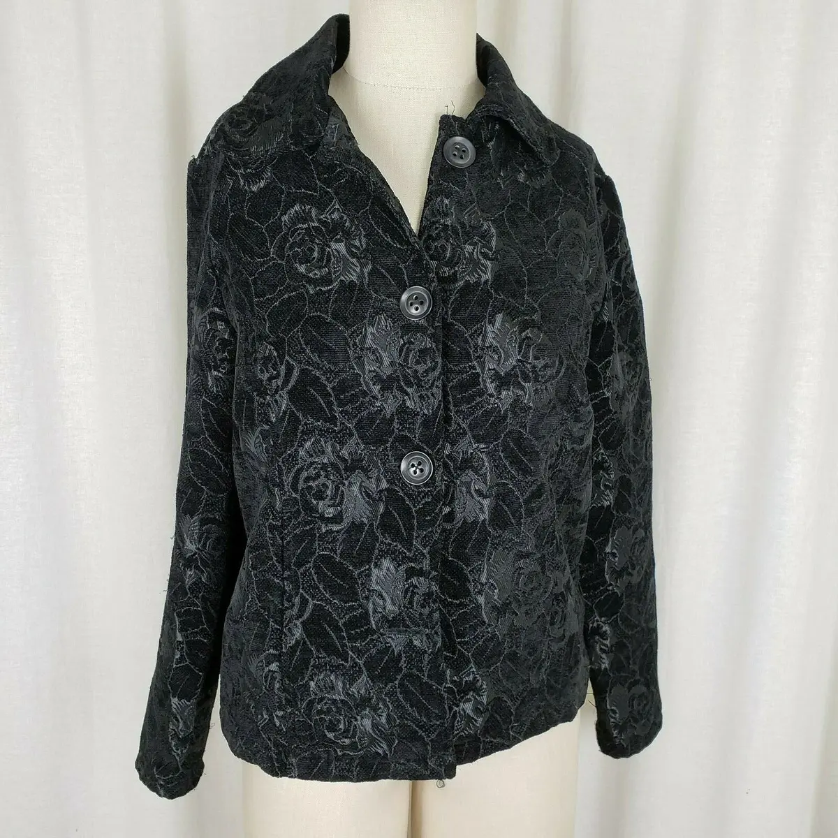 Gloria Vanderbilt Floral Embroidered Tapestry Button Up Black Jacket Womens S 1