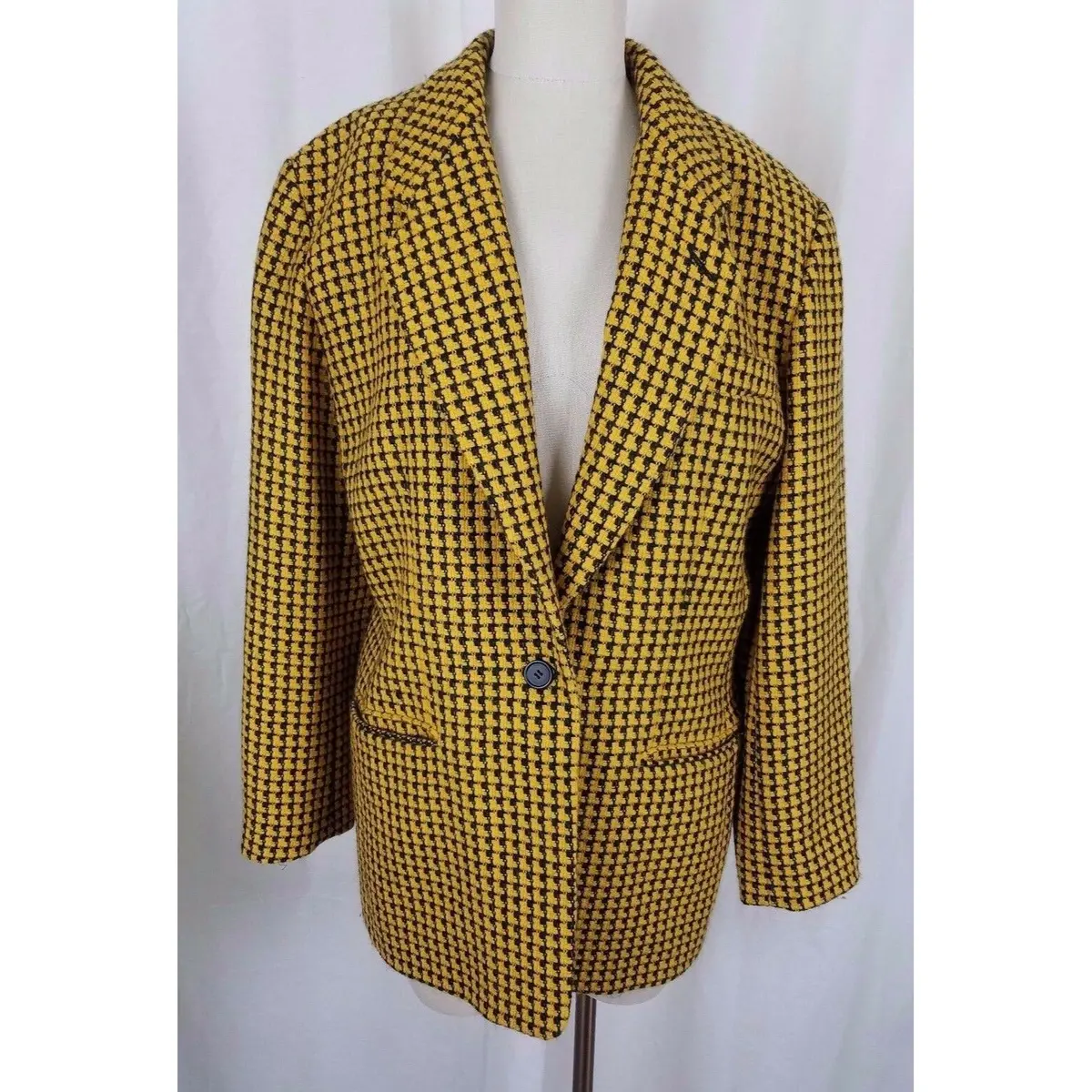 Vintage 60S Jane Justin 100% Wool Loud Checkered Yellow Blazer Jacket Womens 12 1