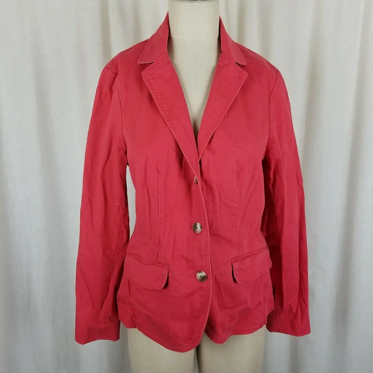 Ll Bean Cotton Canvas Stretch Blazer Jean Jacket Womens S Three Button Up Coral 1