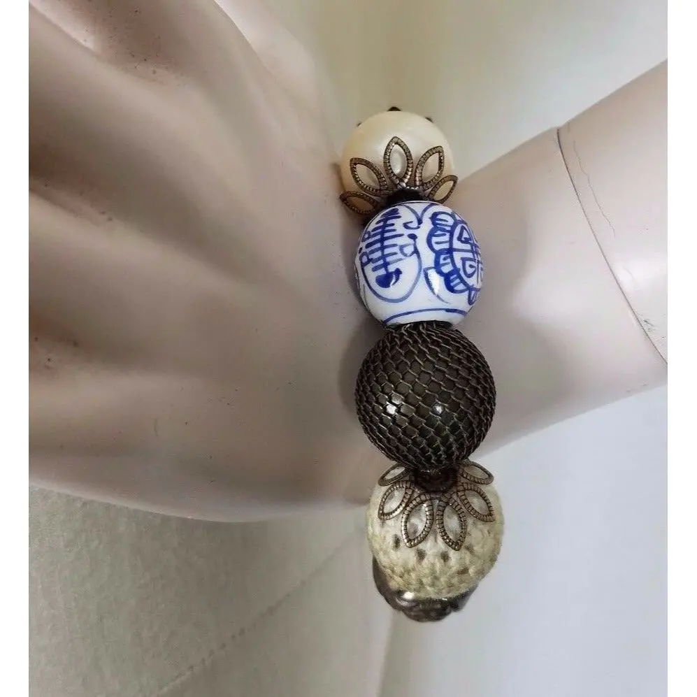 Chunky Large Beads Cobalt Blue Faux Pearls Bronze Beaded Stretch Bracelet Asian 1