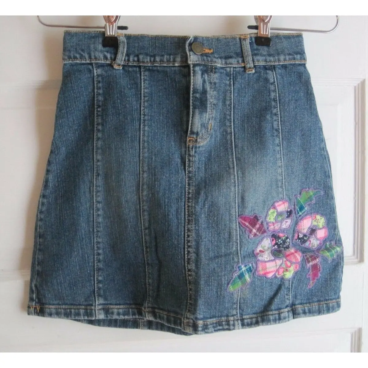 Gap Kids Stretch Embellished Embroidered Floral Denim Blue Jean Skirt Girls 10 1