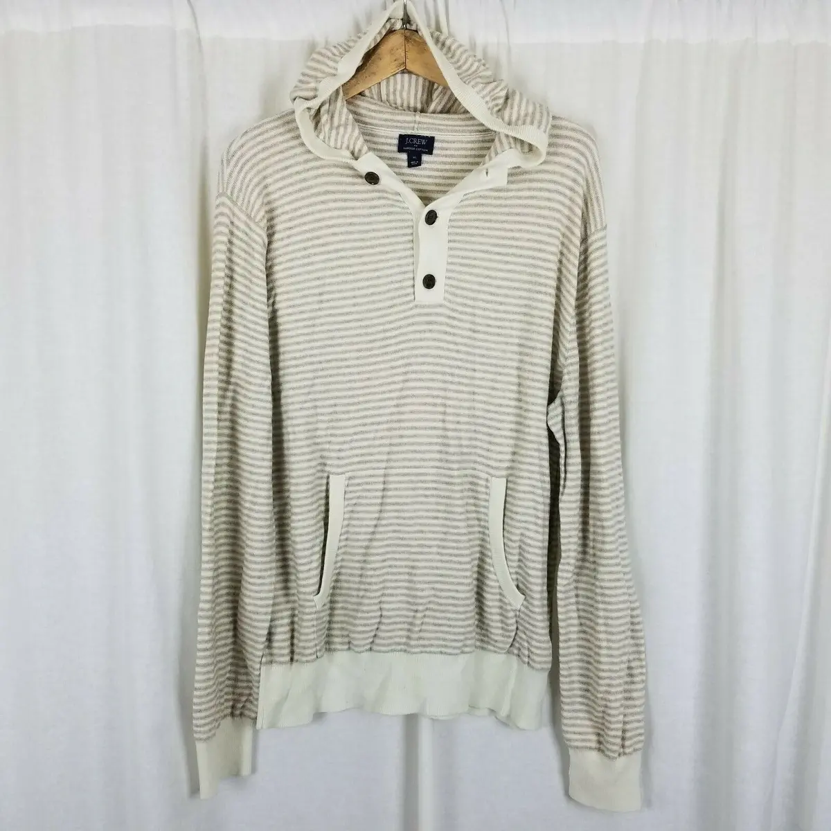 Jcrew Harbor Cotton Merino Wool Sailor Striped Hooded Henley Sweater Mens Xl Tan 1