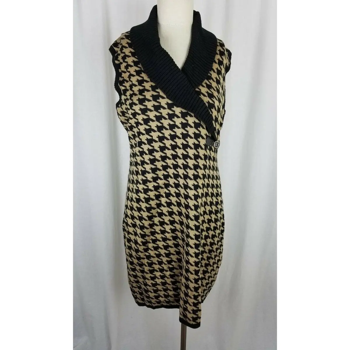Calvin Klein Large Houndstooth Check Knit Sweater Dress Women L Shawl Collar Tan 1