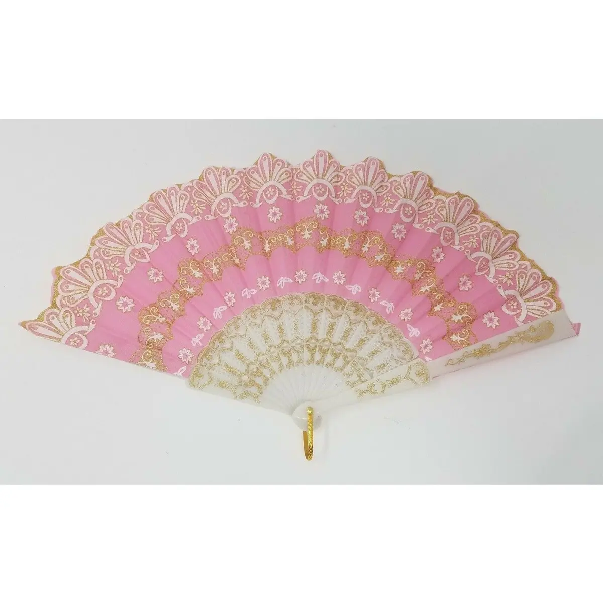 Vintage Chinese Pink Fabric Fan White Plastic Ribs Gold Trim Asian China 1