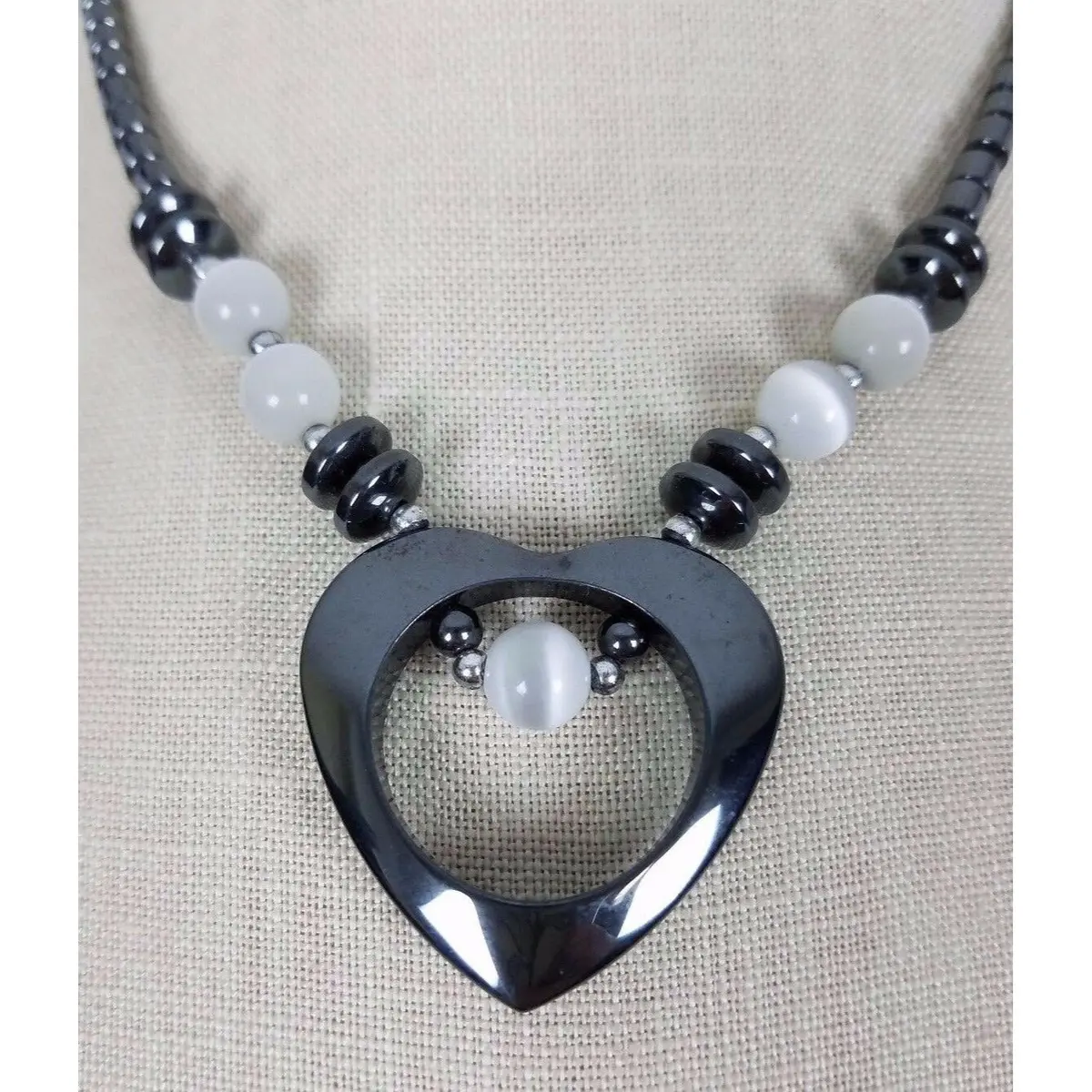 Metal Heart Pendant Charm Beads Beaded Necklace Statement Piece Silver Jewelry 1