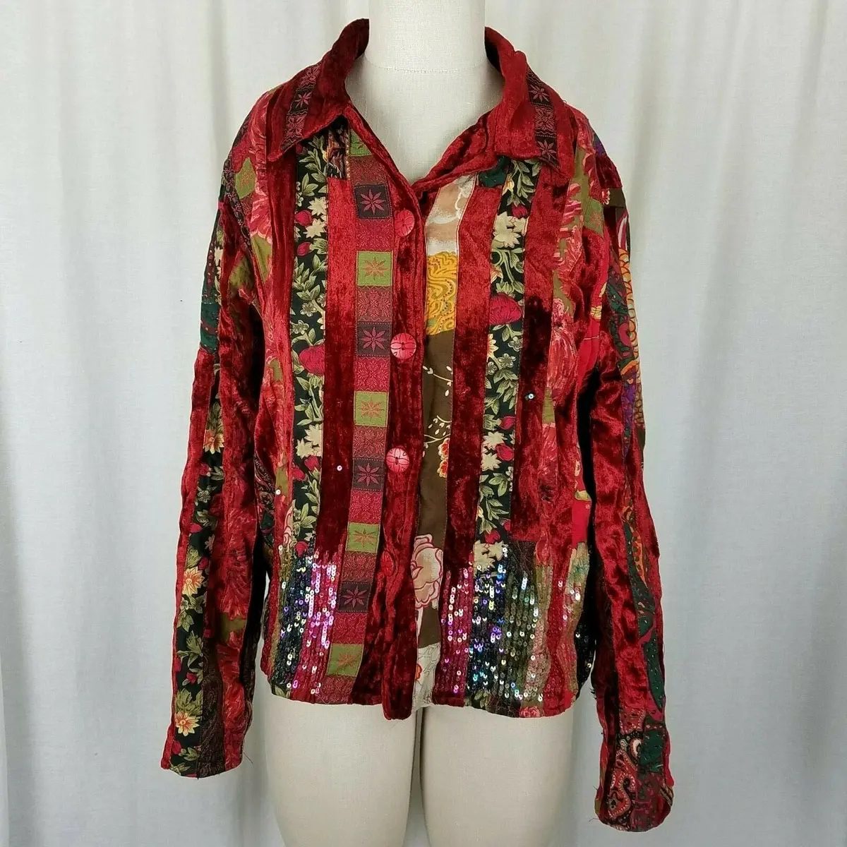 Coldwater Creek Patchwork Paisley Boxed Ribbon Sequin Jacket Blazer Womens M Red 1