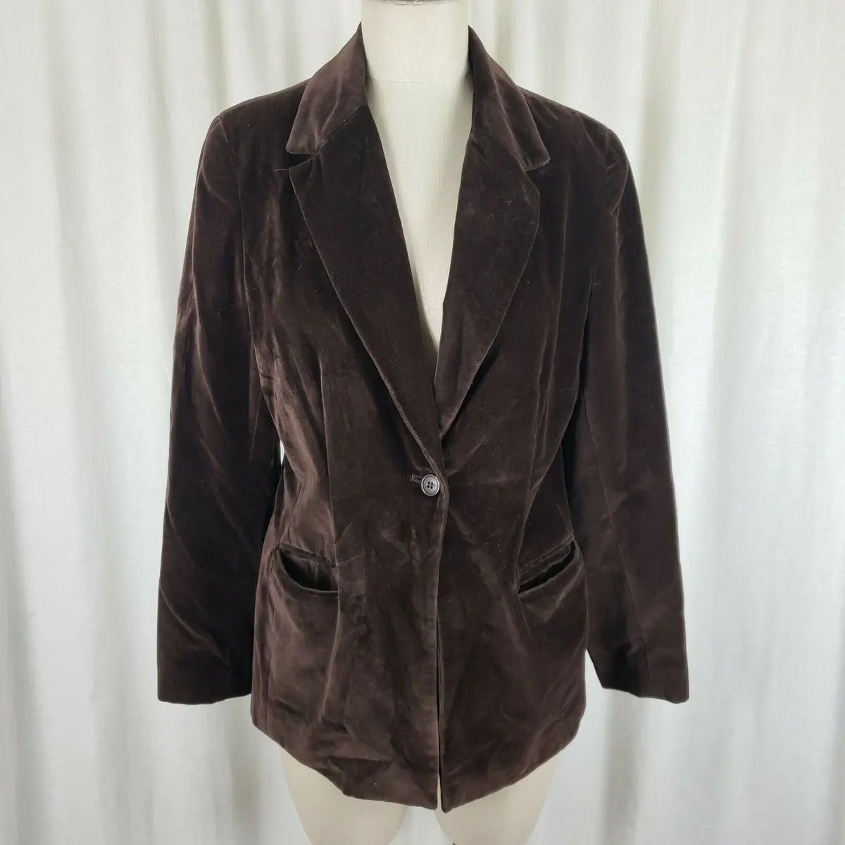 Vintage Inc Petite Chocolate Brown Velvet Jacket Blazer Womens 12P Button Up Usa 1