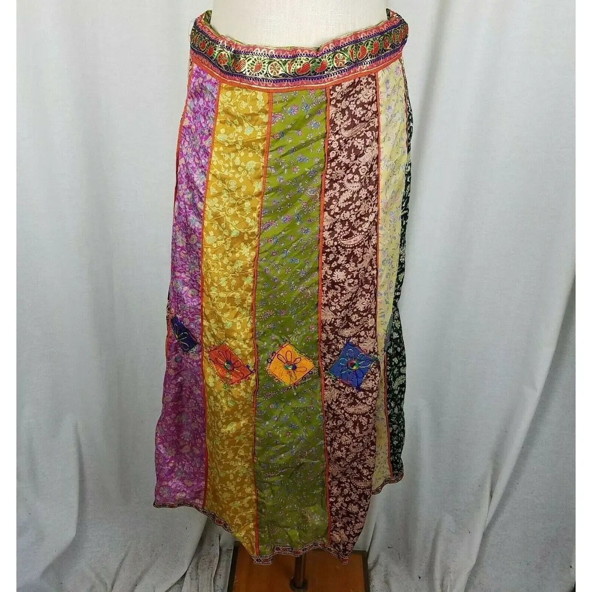 Nepal Silk Patchwork Tribal Ethnic Long Maxi Peasant Prairie Boho Skirt M Loud 1