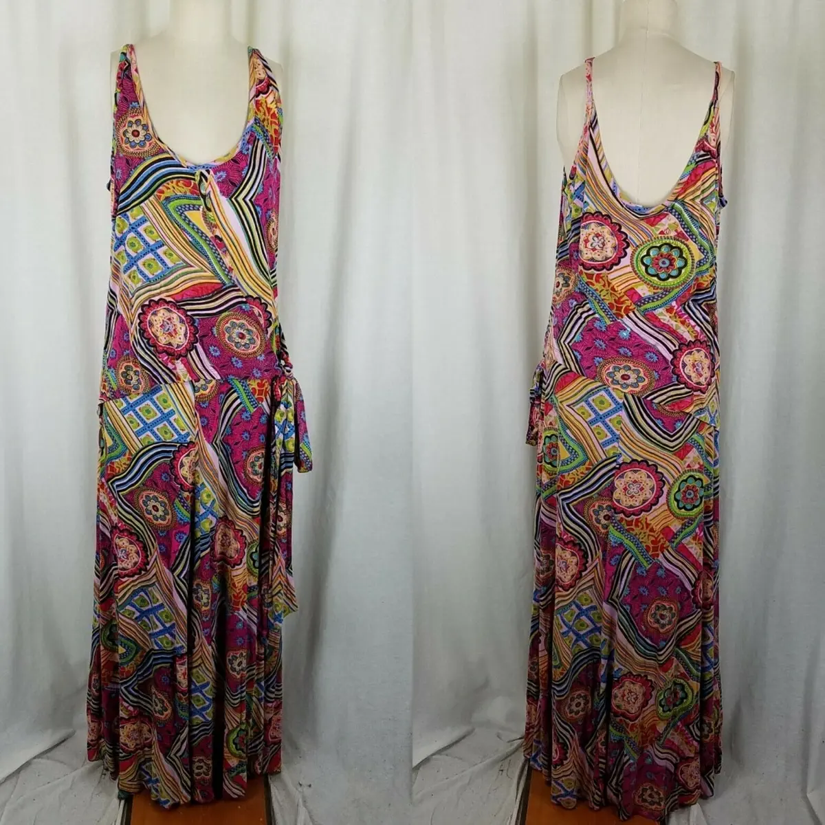 The Pyramid Collection Faux Wrap Psychedelic Jersey Knit Maxi Dress Womens Xl 1
