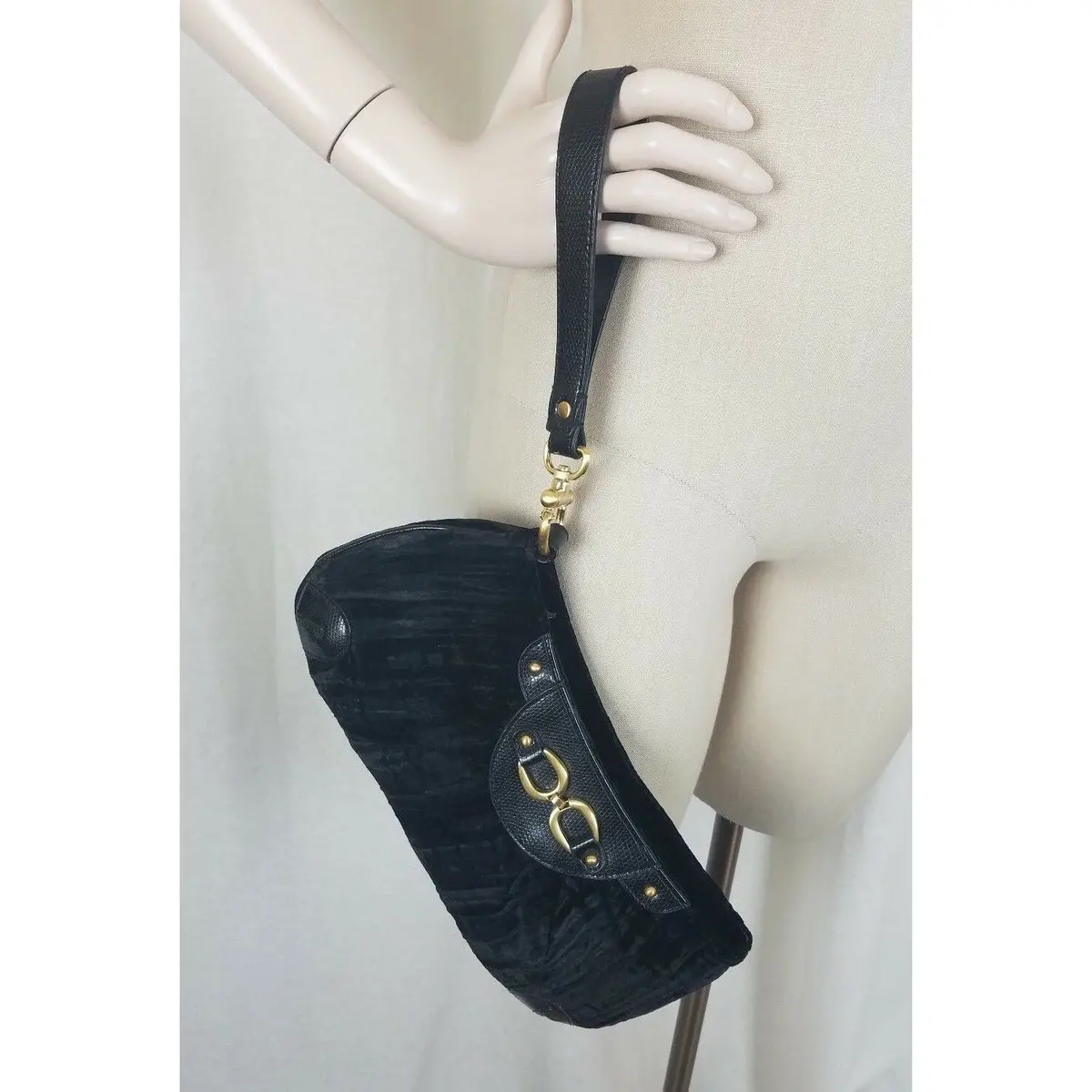 Adrianna Papell Black Velvet Fabric Clutch Bag Purse Handbag Leather Gold Buckle 1