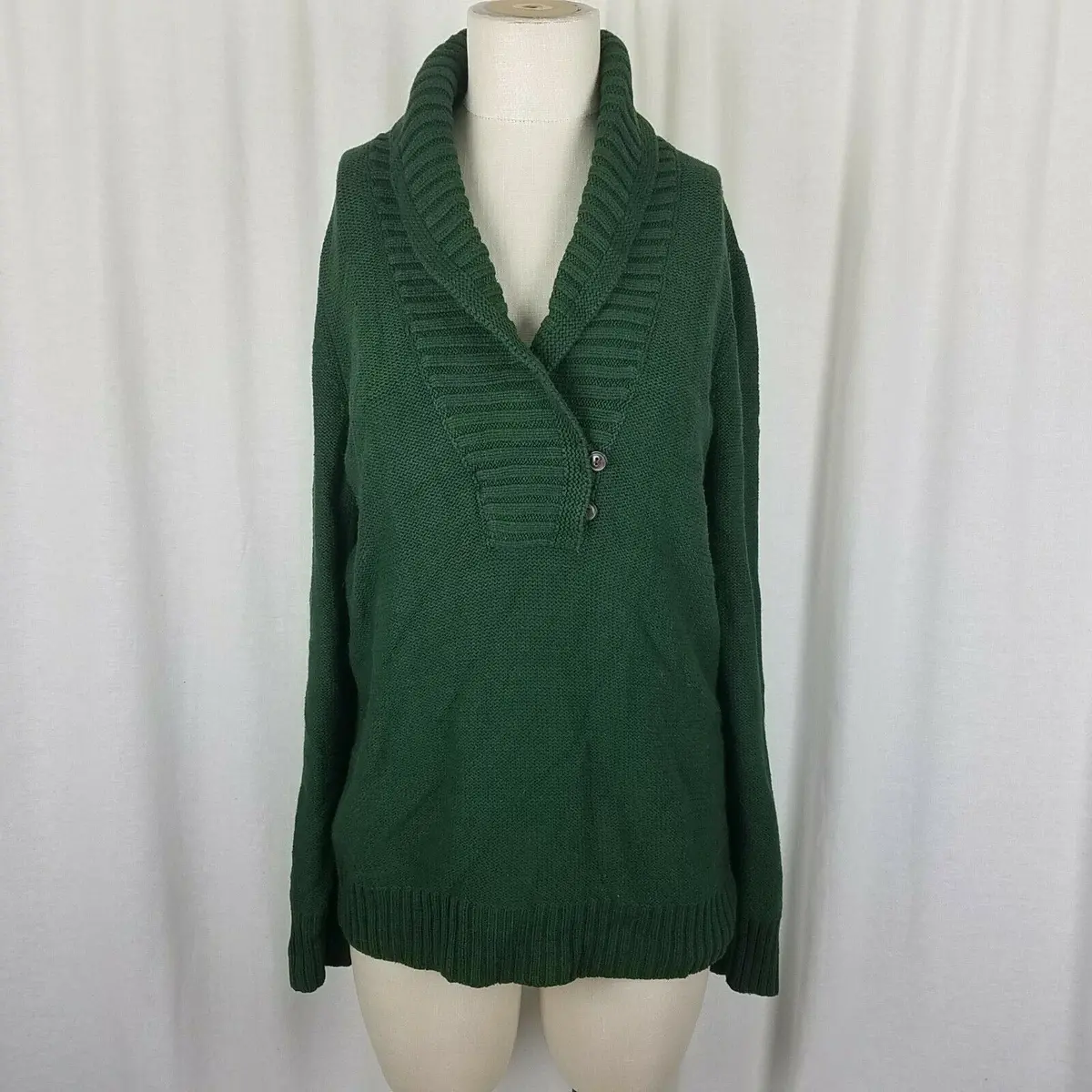 Lrl Ralph Lauren Shawl Collar Henley Cotton Knit Sweater Womens L Dark Green 1