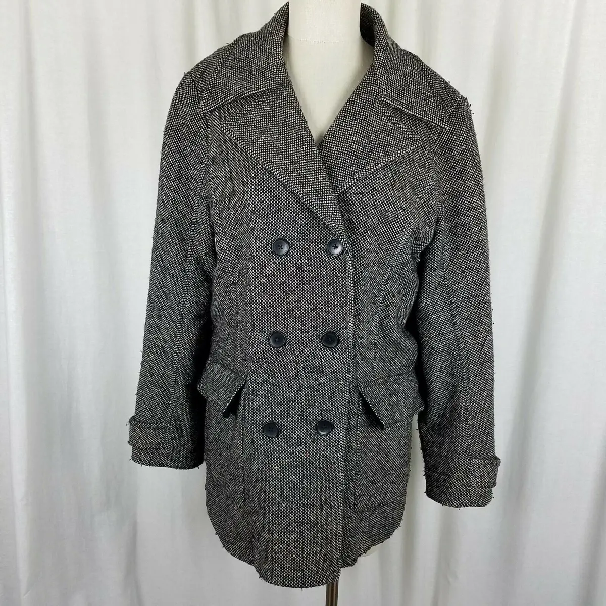 Vintage Eddie Bauer Double Breasted Mottled Wool Tweed Peacoat Womens L Car Coat 1