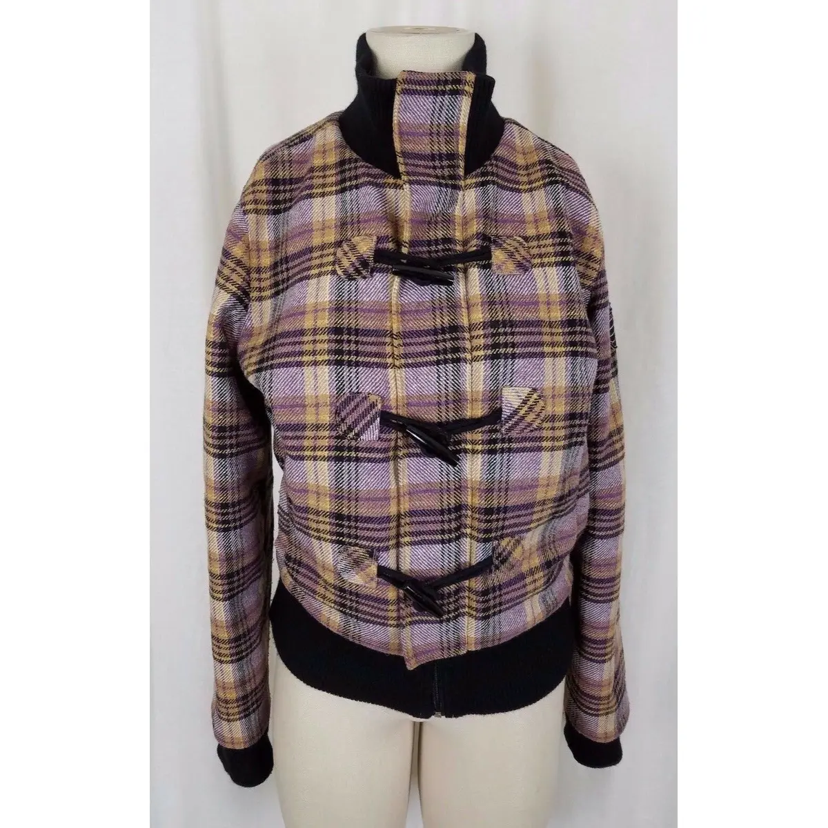 Golf Punk Tartan Scotch Plaid Wool Toggle Closure Fleece Bomber Jacket Womens 12 1