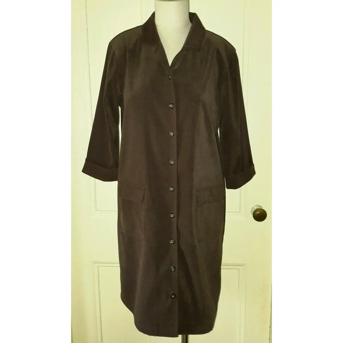 Talbots Petites Stretch Button Up Shirt Coat Dress Womens 14P Chocolate Brown 1