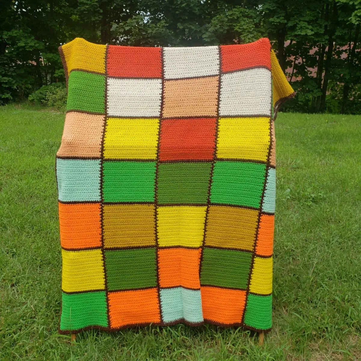Vintage Crochet Afghan Large Patchwork Squares Blanket 70S Boho Hippie Bohemian 1