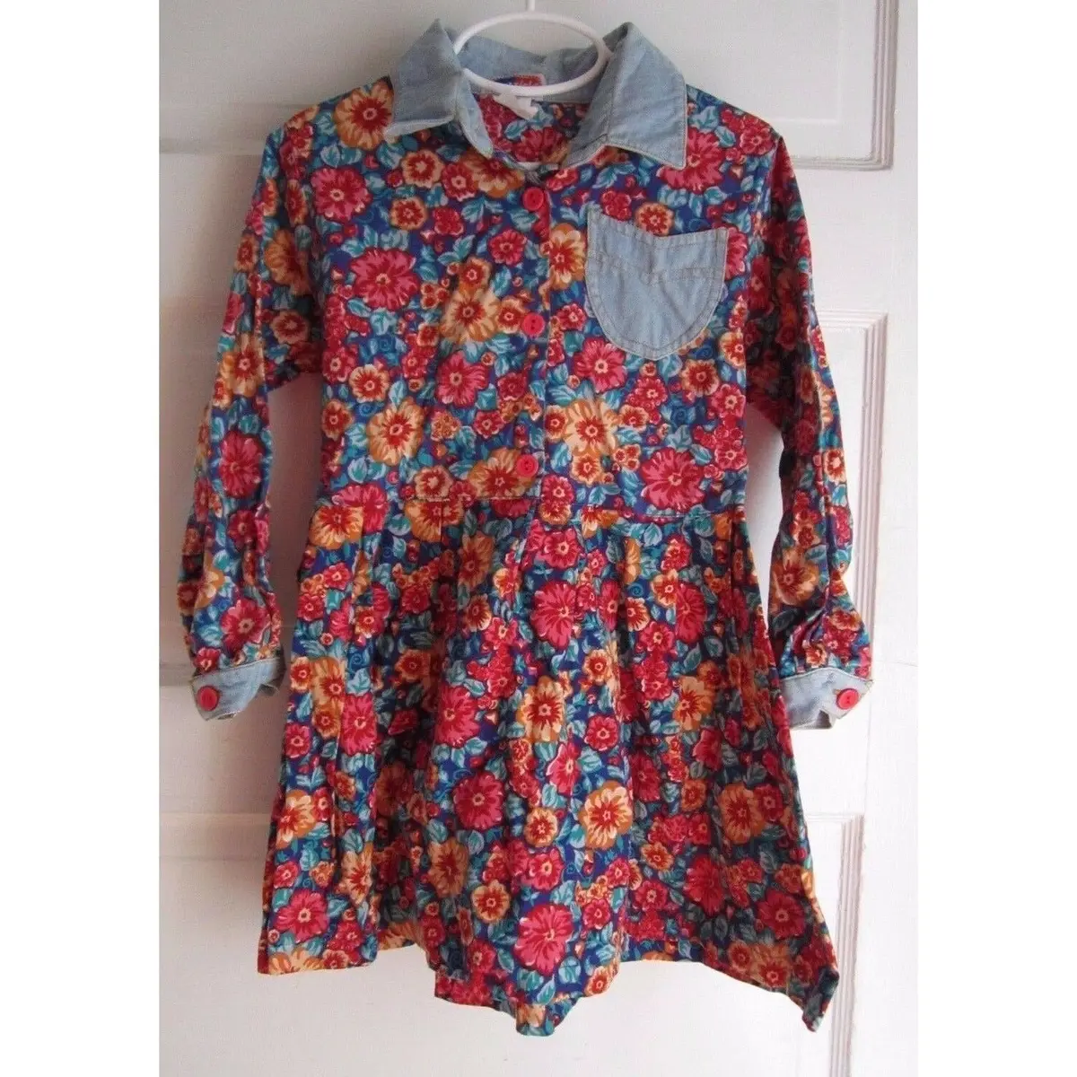 Vintage 70S Popsicle Brand 100% Cotton Long Sleeve Floral Denim Dress Girls 5 1