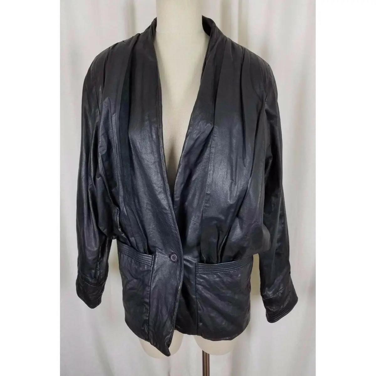 Vintage The Violetta Black Leather Pleated Ruched Jacket Coat Womens 38 80S 90S 1