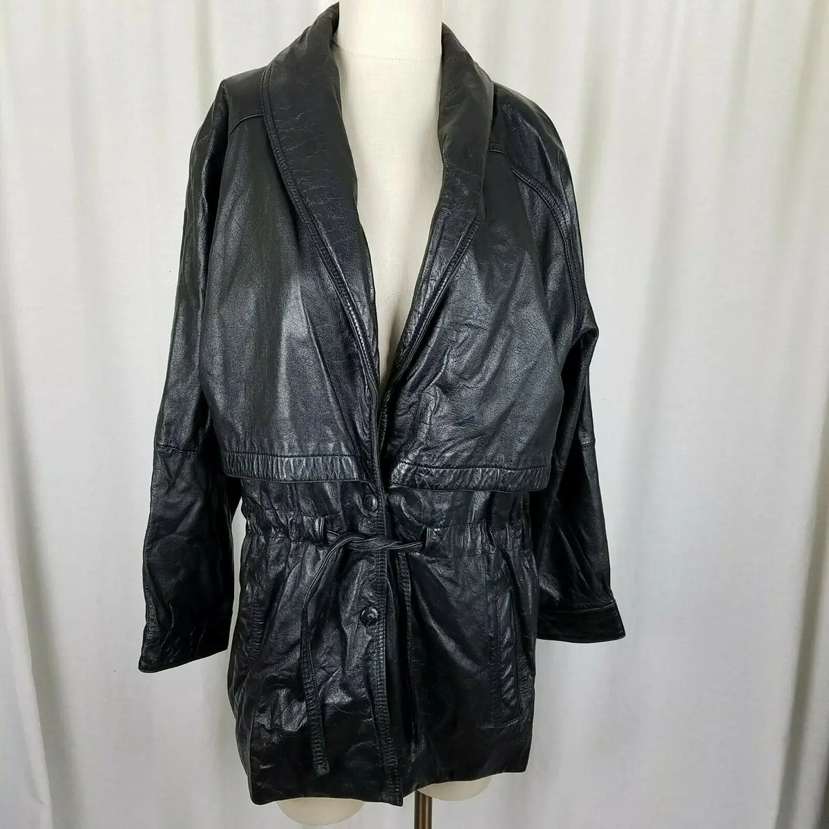 Wilsons Leather Black Shawl Collar Tie Cape Top Long Jacket Short Coat Womens S 1