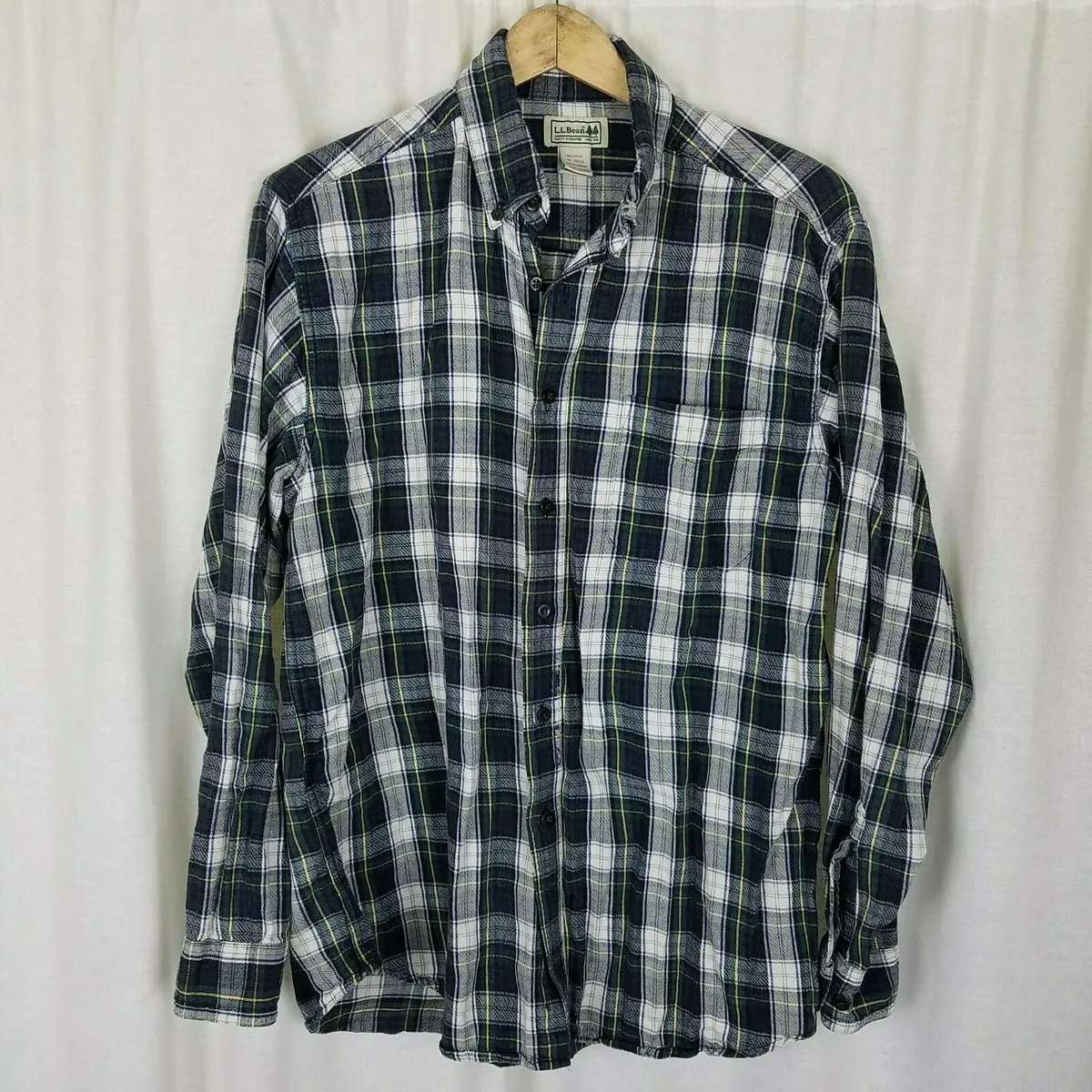 Ll Bean Tartan Plaid Flannel Button Up Long Sleeve Camp Shirt Mens M Blue Yellow 1