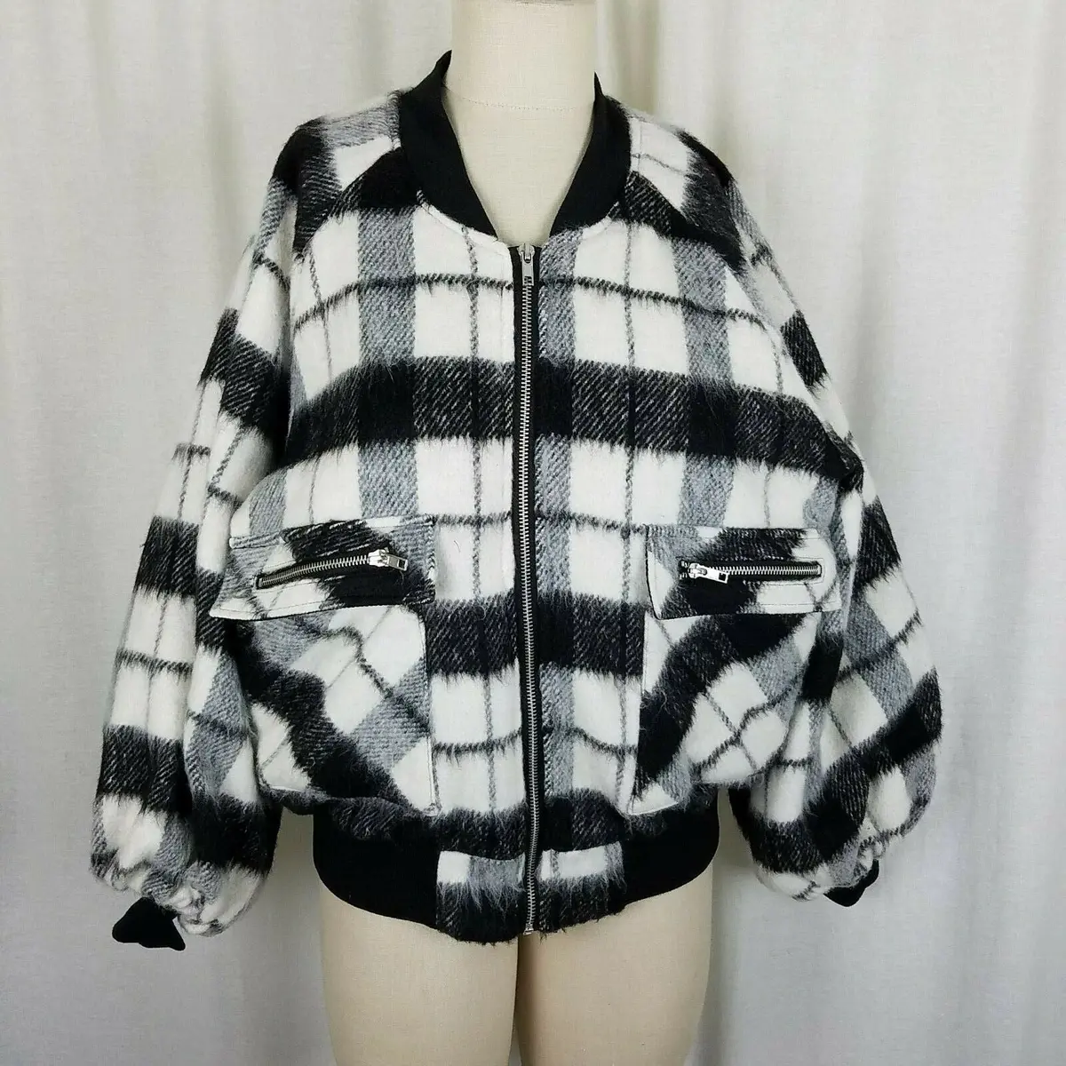 Forever 21 Contemporary Buffalo Plaid Mohair Wool Bomber Jacket Womens M Black 1