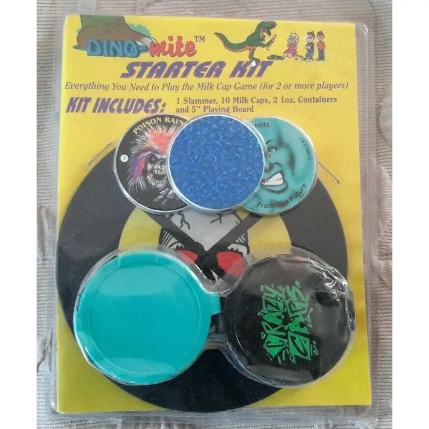 Dino-Mite Milk Caps Pogs Starter Kit Game Slammer 2 Containers 5" Playing Board 1