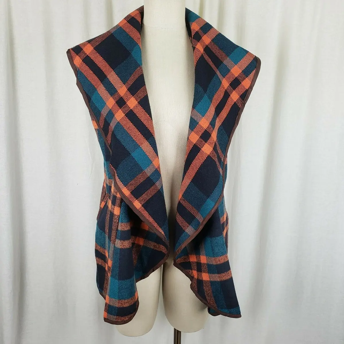 Vegan Wool Wide Collar Tartan Plaid Open Front Swing Vest Womens M Stretch Blue 1