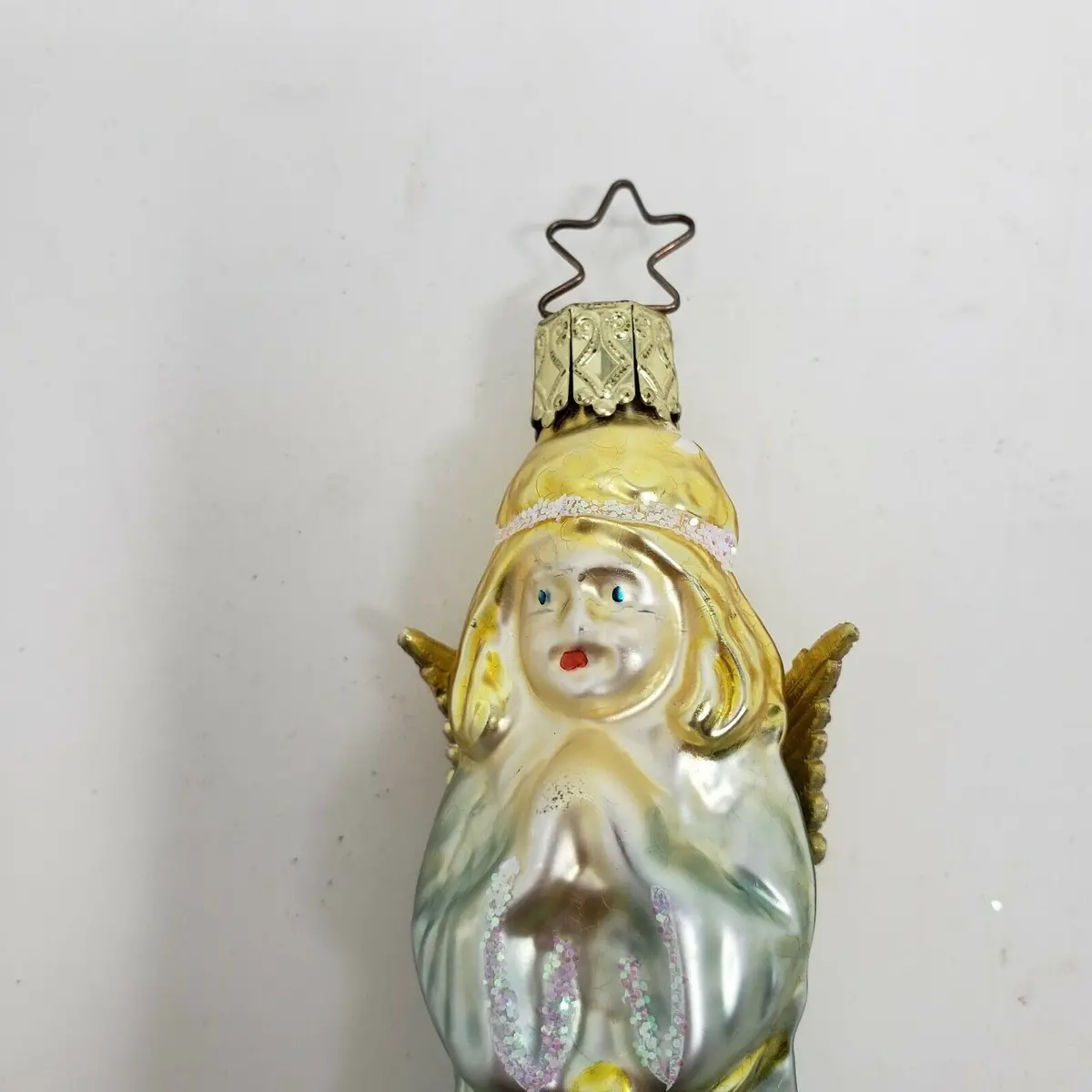 Vintage Painted Glass Figural Winged Angel Christmas Ornaments Teardrop Shape 4" 1
