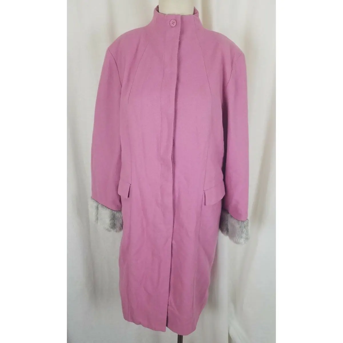 Terry Lewis Classic Luxuries Pink Wool Gray Faux Fur Trim Coat Peacoat Womens M 1