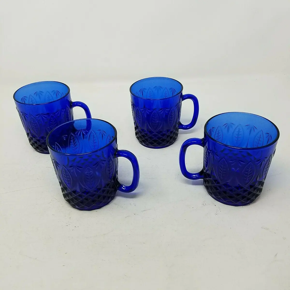 Avon Royal Sapphire Handled Mugs Cup Set Of 4 France Glasses Cobalt Blue Cut Fan 1