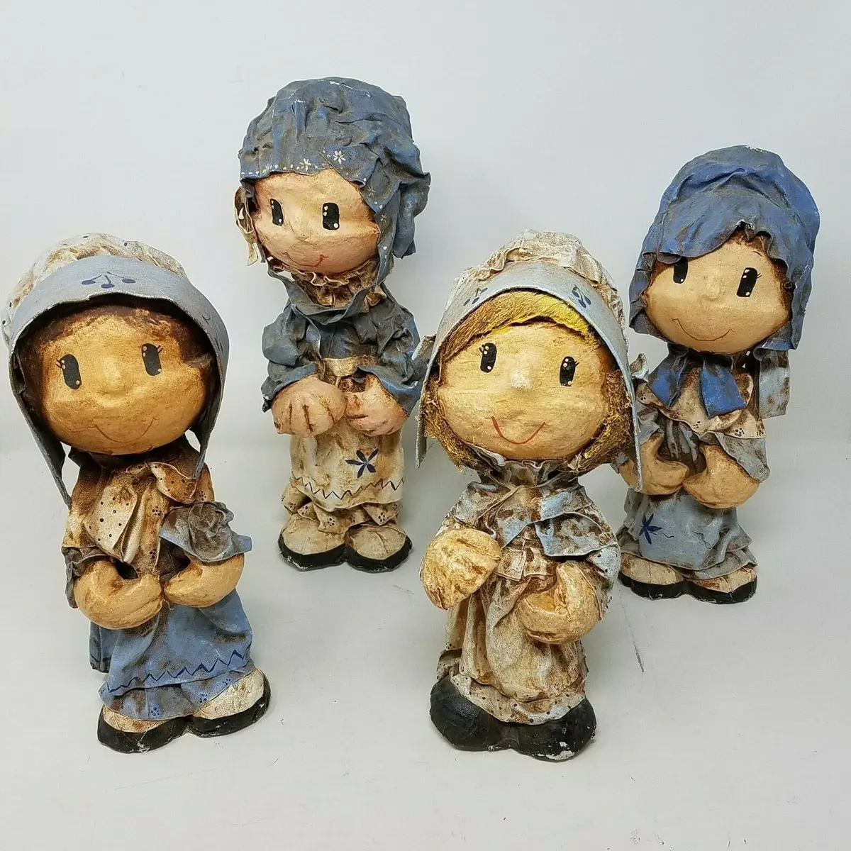 Prairie Dolls Fabric Papier Mache Blue Painted Statues Lot 4 Colonial Blue 70S 1