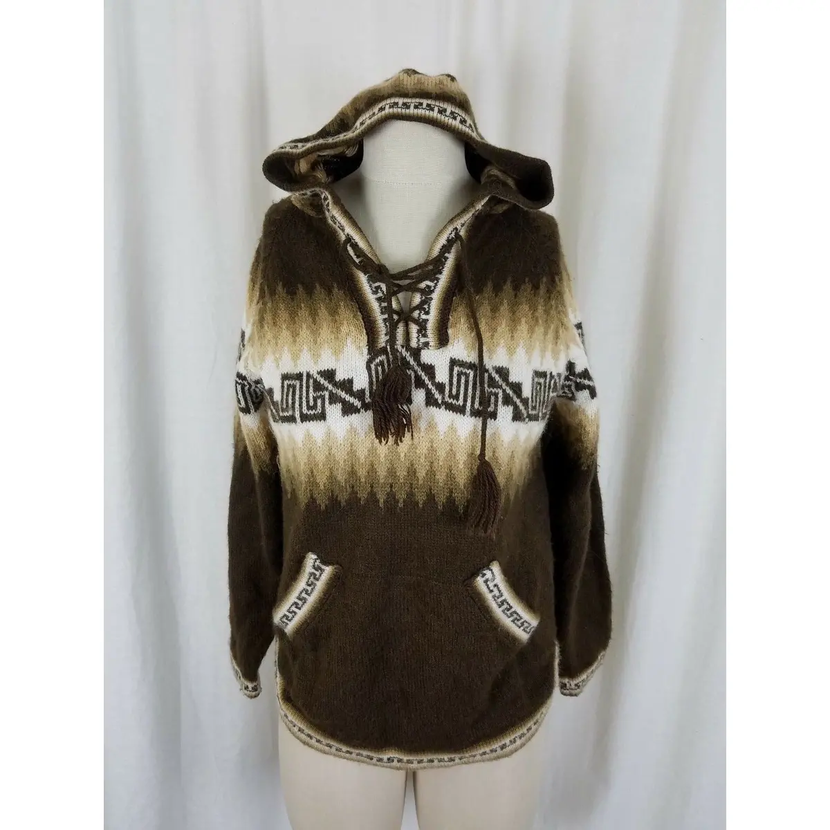 American South Side Alpaca Wool Knit Brown Hooded Sweater Womens M Tribal Aztec 1
