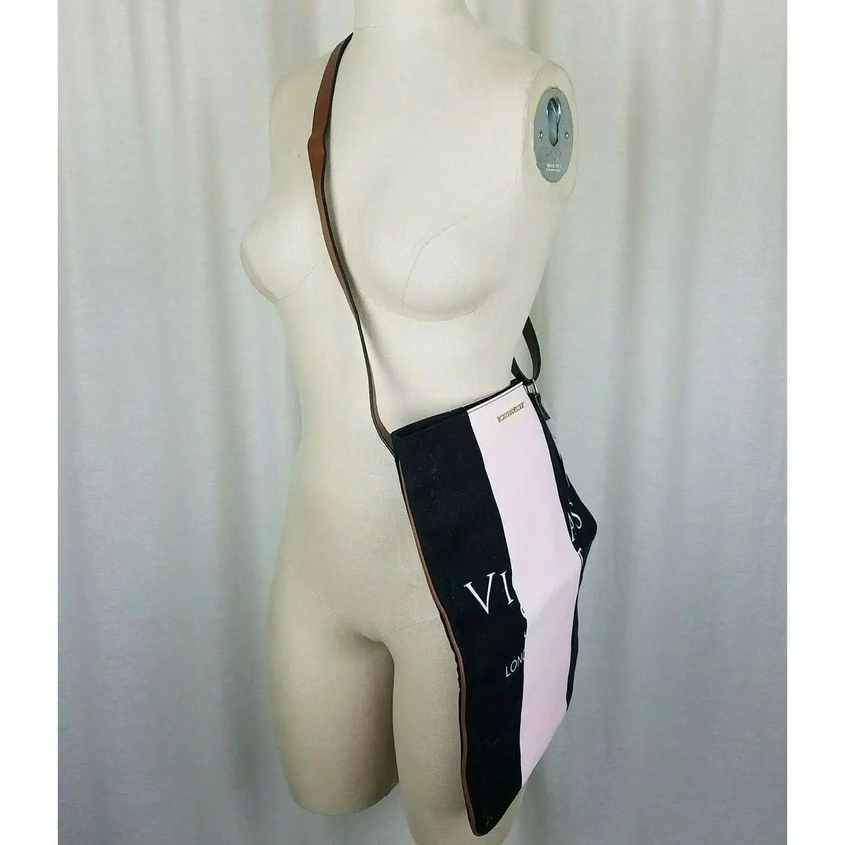 Victoria's Secret Black Pink Racing Stripe Bag Open Top Crossbody Weekender Tote 2