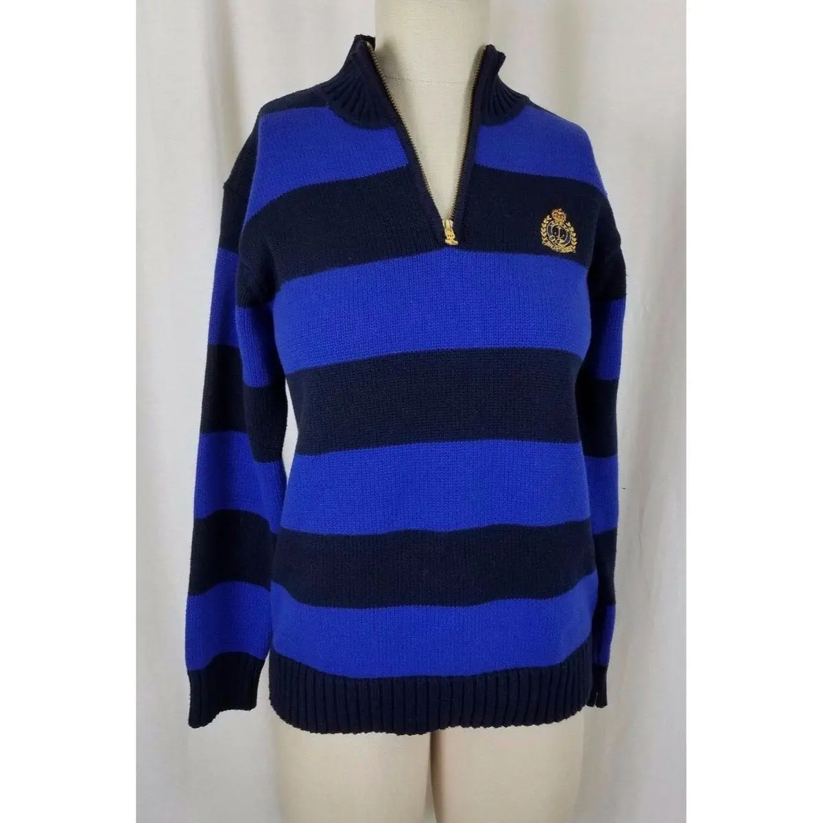 Lrl Ralph Lauren Petites Blue Wide Stripes Knit 1/4 Zip Crest Sweater Womens P 1
