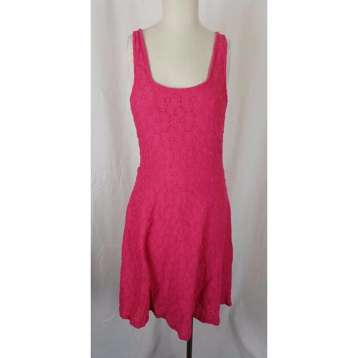 Bobeau Floral Lace Fit & Flare Summer Sun Tank Dress Womens L Stretch Hot Pink 1