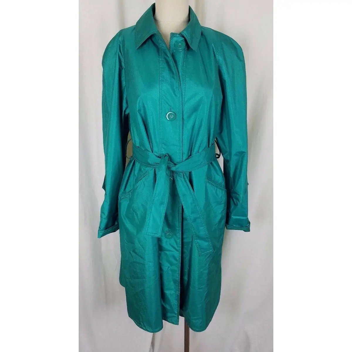 London Fog Towne Shiny Shimmer Belted Sash Long Trench Coat Womens 6P Cape Top 1