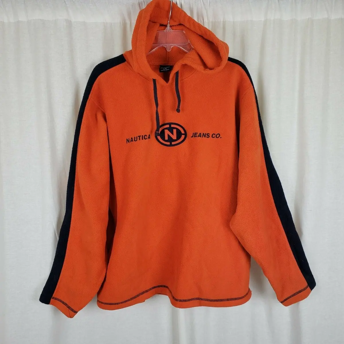 Nautica Jeans Co. Striped Fleece Pullover Hoodie Sweatshirt Jacket Mens L Orange 1
