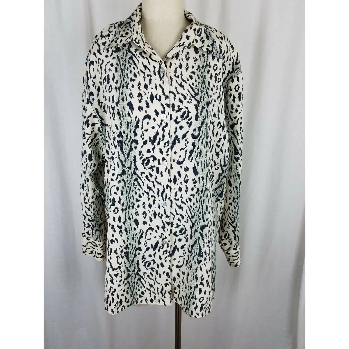Style Exchange Satin Animal Leopard Cheetah Print Tunic Blouse Top Womens L 80S 1