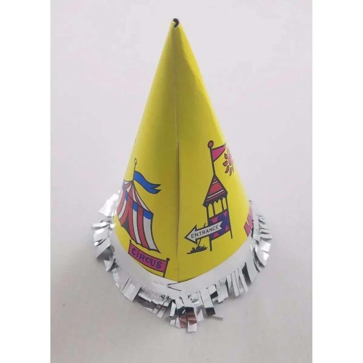 Vintage Circus Clown Happy Birthday Party Paper Cone Hat Yellow Bozo Fringe 2