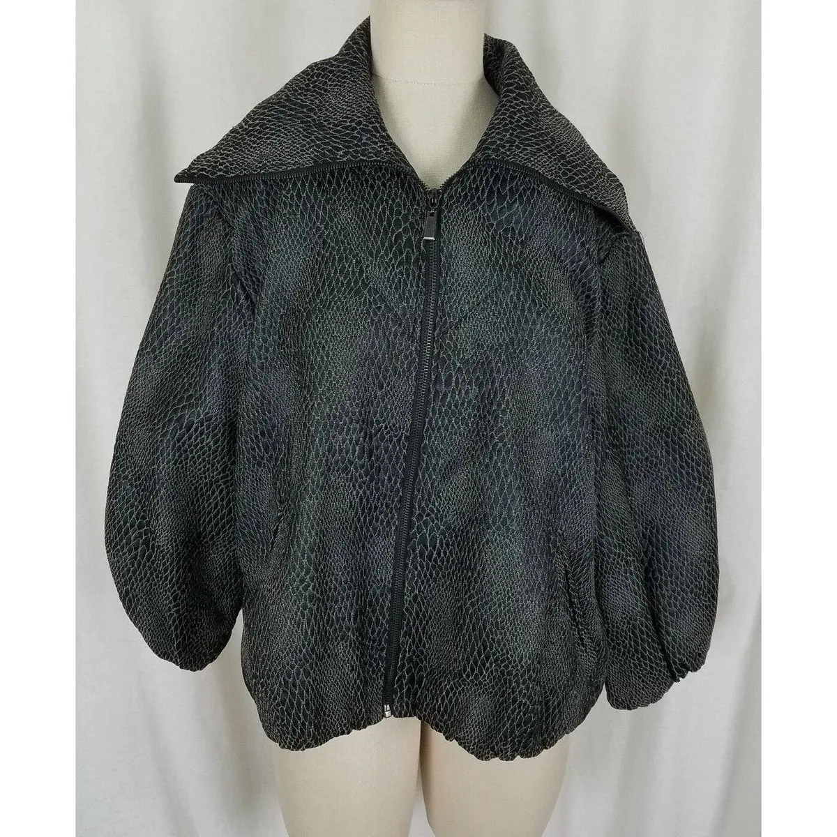 Due Per Due Animal Print Puff Sleeves Wide Collar Black Blazer Jacket Womens L 1