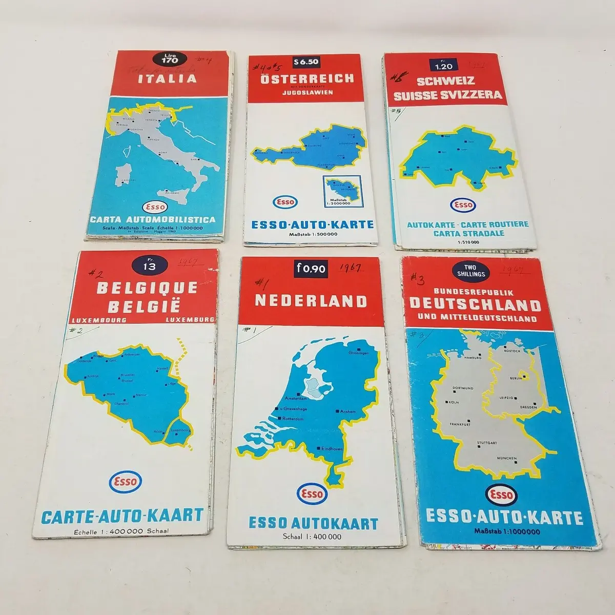 Esso Auto Kaart European Maps Lot Of 6 Mid Century Italia Nederland Deutschland 1