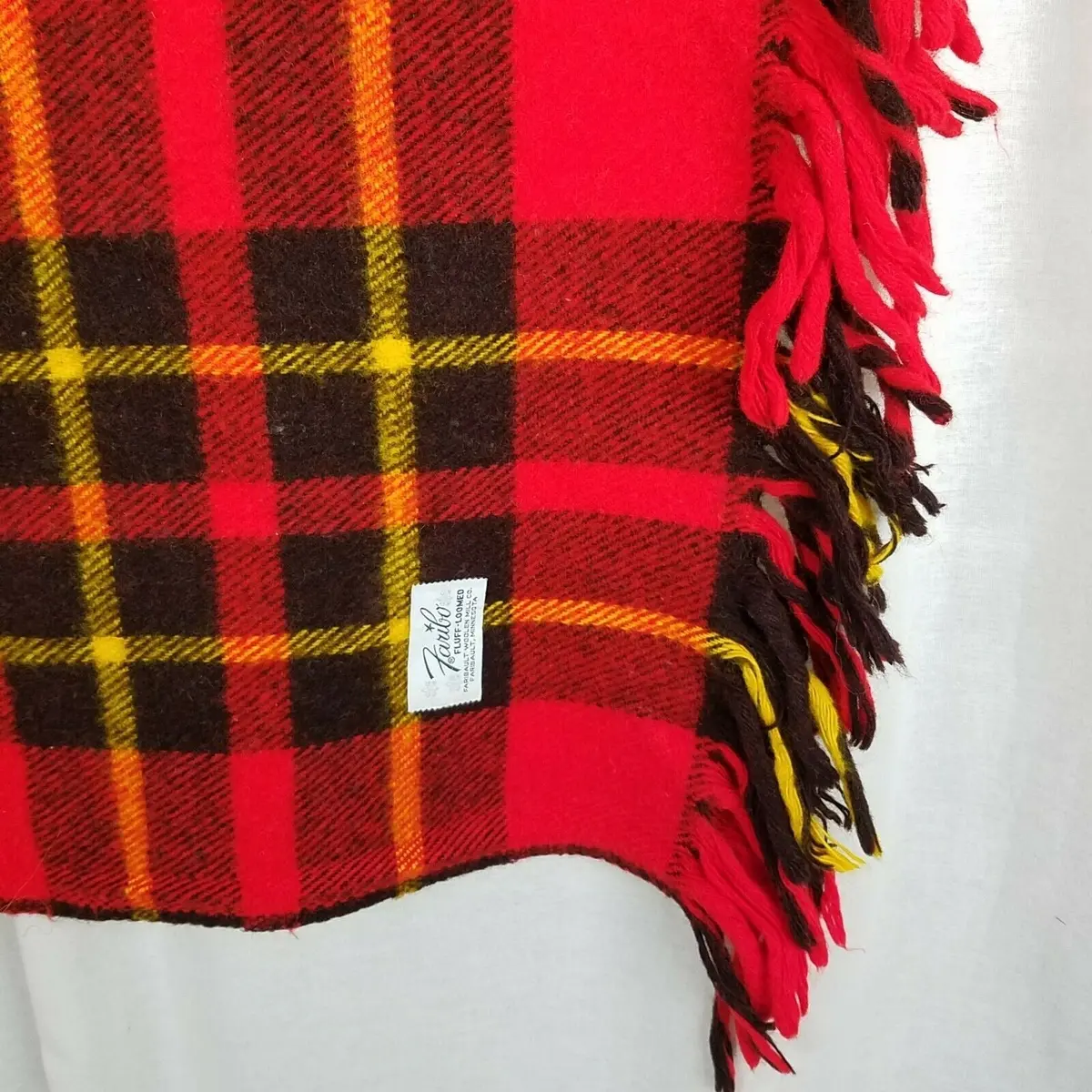 Vintage Plaid Fringe Stadium Carriage Throw Blanket Wool Faribo Fluff-Loomed 2