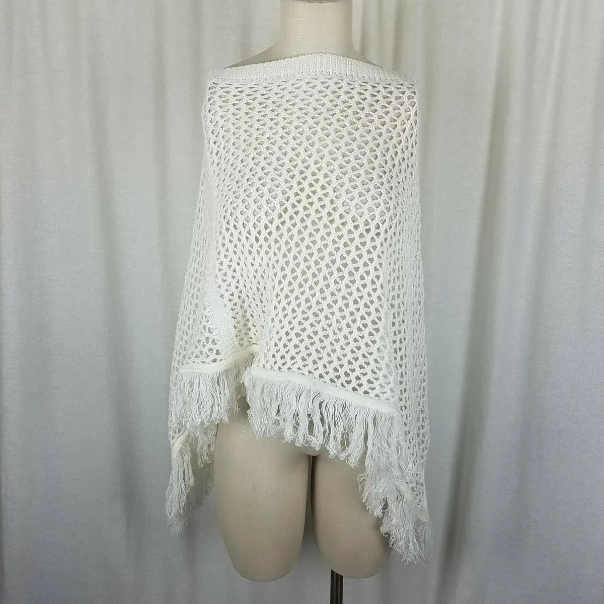 Cotton Emporium Knit Crochet Fringe Sweater Cape Poncho Womens Os Asymmetrical 1