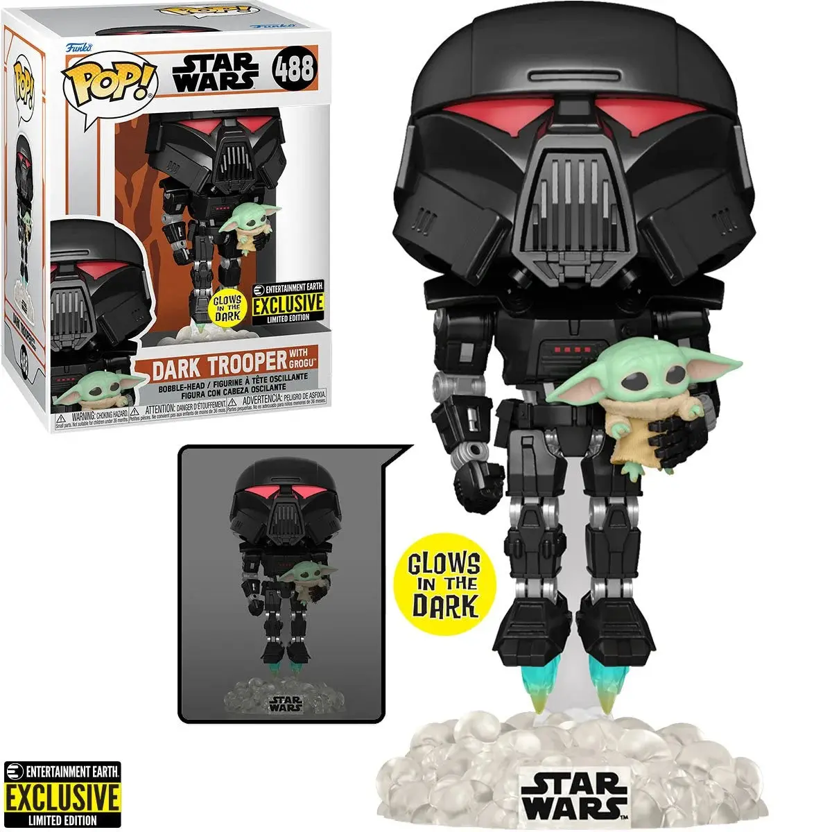 Funko Pop! Star Wars #488 The Mandalorian: Dark Trooper With Grogu Glow-In-The-Dark Exclusive Vinyl Figure 58286 Low Stock 1