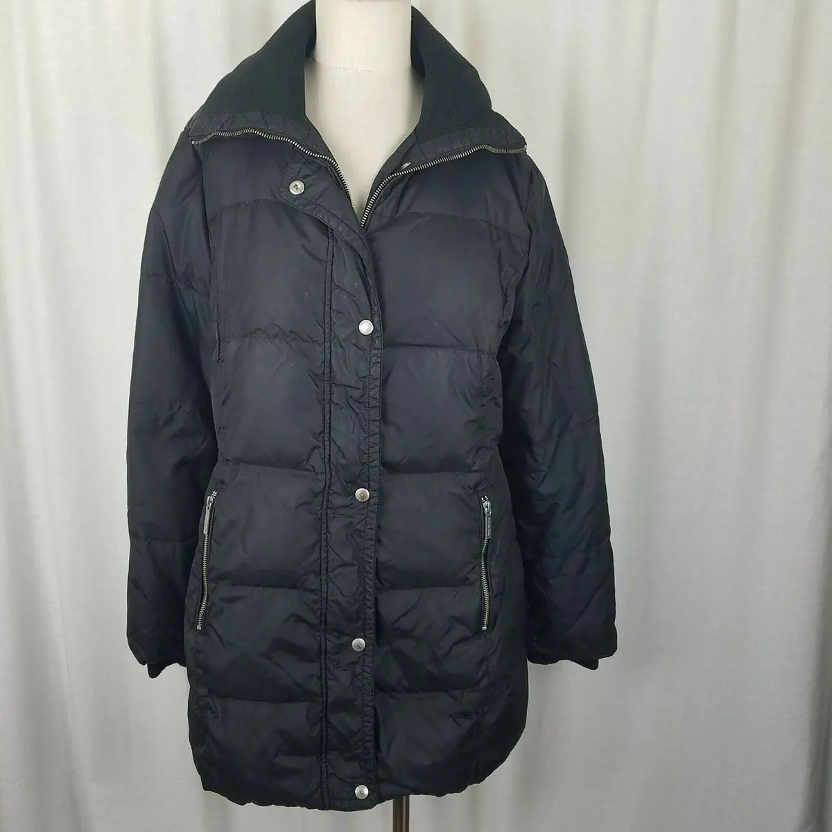 Michael Kors Black Goose Down Jacket Parka Coat Womens L Puffer Knit Collar 1