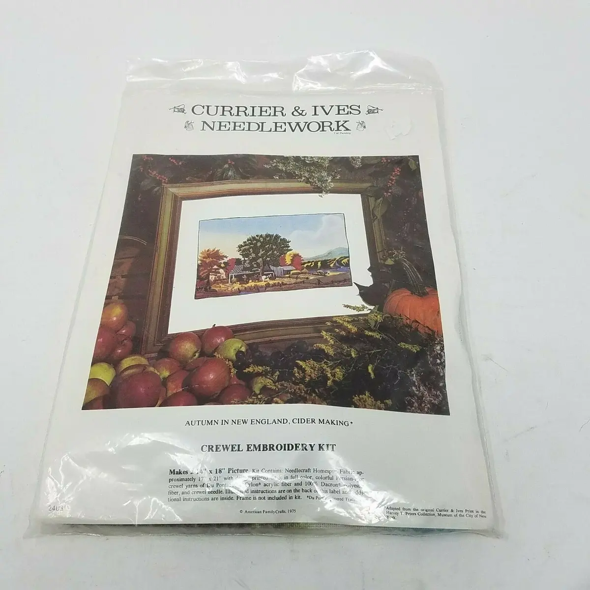 Currier & Ives Needlework Autumn In New England Cider Making Crewel Embroidery 1