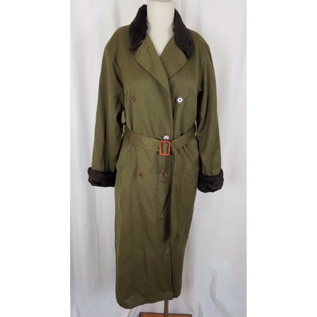 Liz Claiborne Lizsport Worsted Wool Faux Fur Long Maxi Trench Coat Womens Pm 1