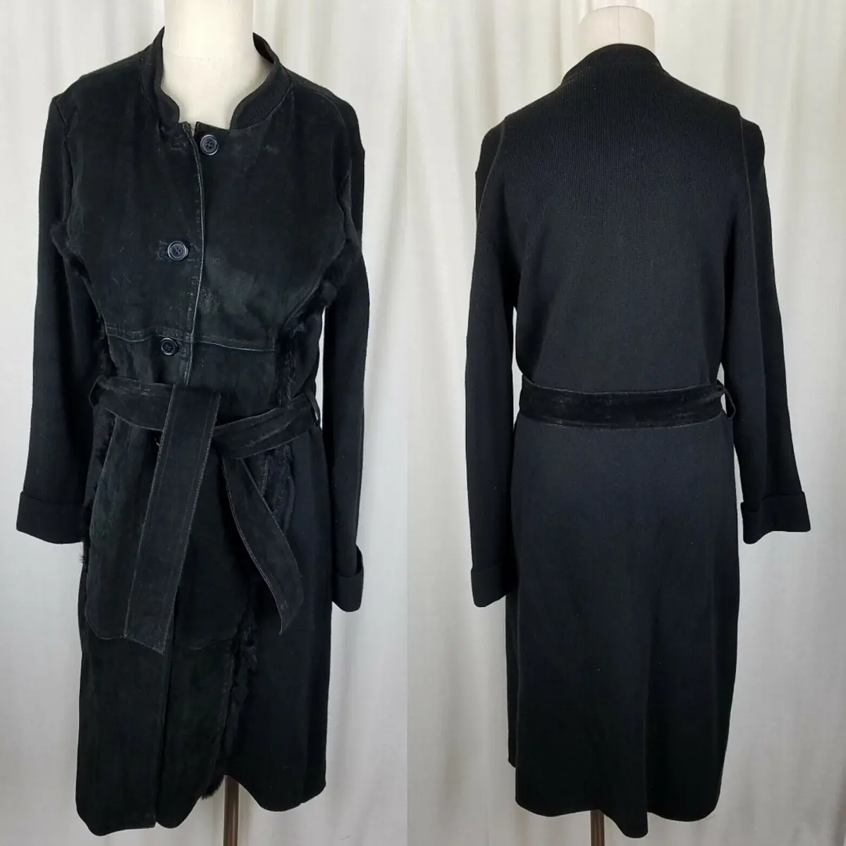 Black Suede Brushed Leather Fur Trim Knit Belted Sweater Coat Coatigan Womens L 1