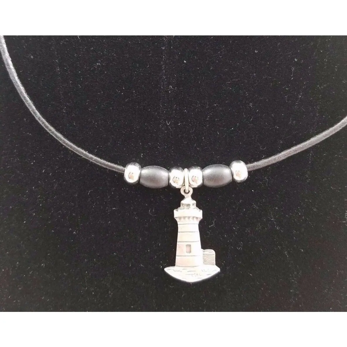Lighthouse Pewter Silver Black Rope Bead Necklace Pendant Charm Maine Jewelry 1